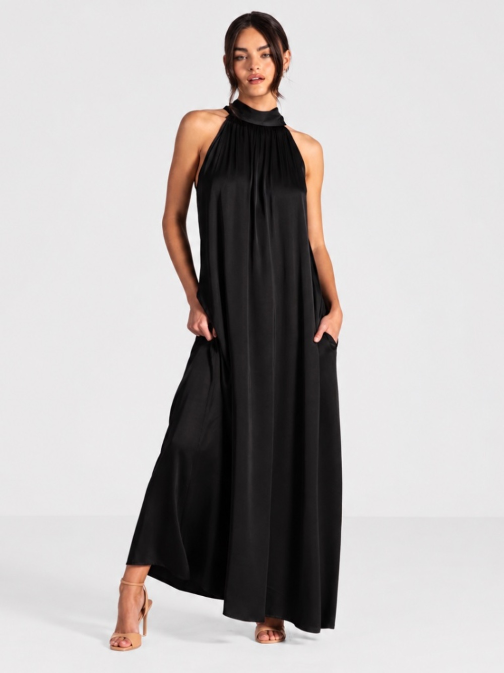 NWT JAKI London Ruby Halterneck Satin Maxi Dress Black M Made in Italy